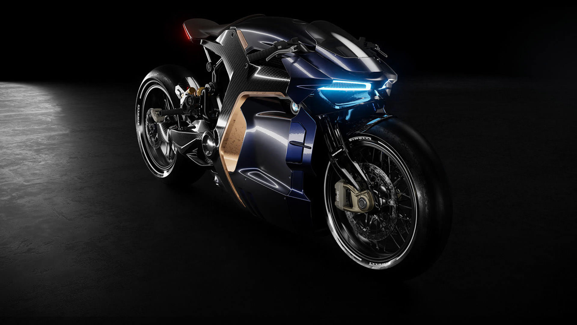 نمای سه چهارم رندر مفهومی از موتورسیکلت بی ام و / BMW Concept Motorcycle با چراغ روشن